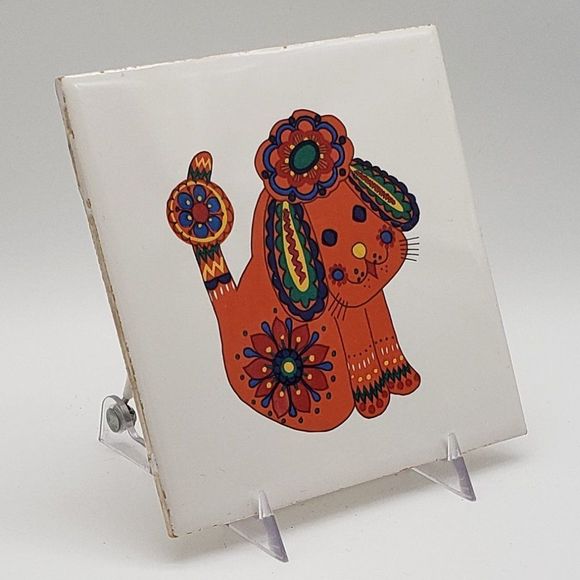 AK Kaiser Vintage German 1970s Colourful Dog Design Porcelain Tile or Trivet - Picture 8 of 10